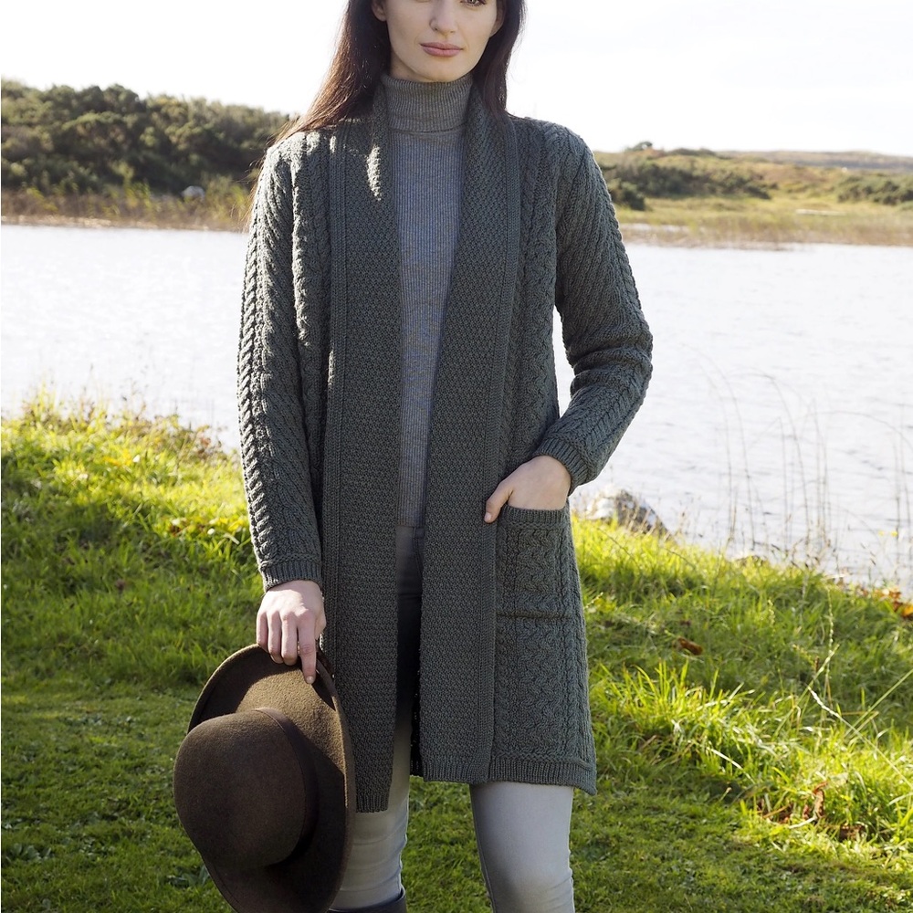 Aran Craft cable knit cardigan sweater size M. 
100% Merino wool. Moss green.